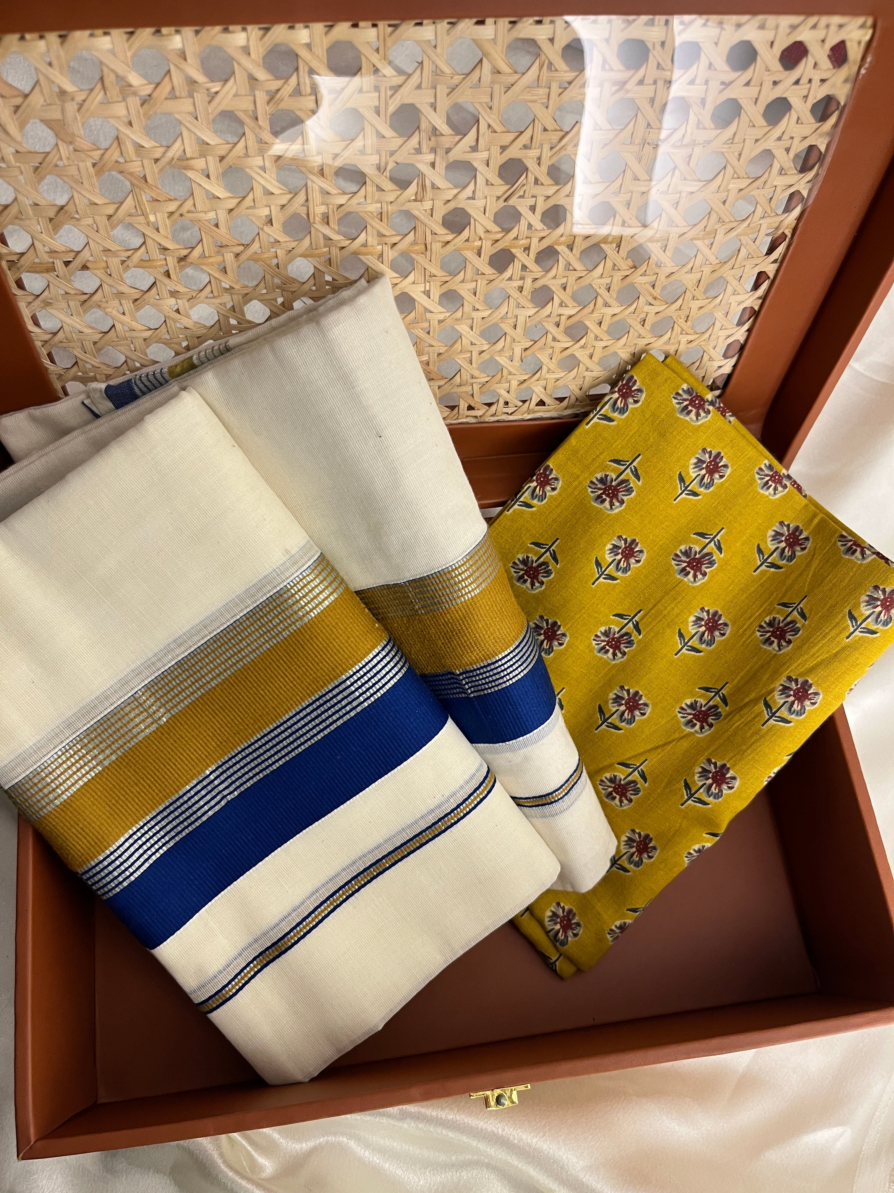 Ksm-002 royal blue with mustard yellow sett mundu with blouse piece