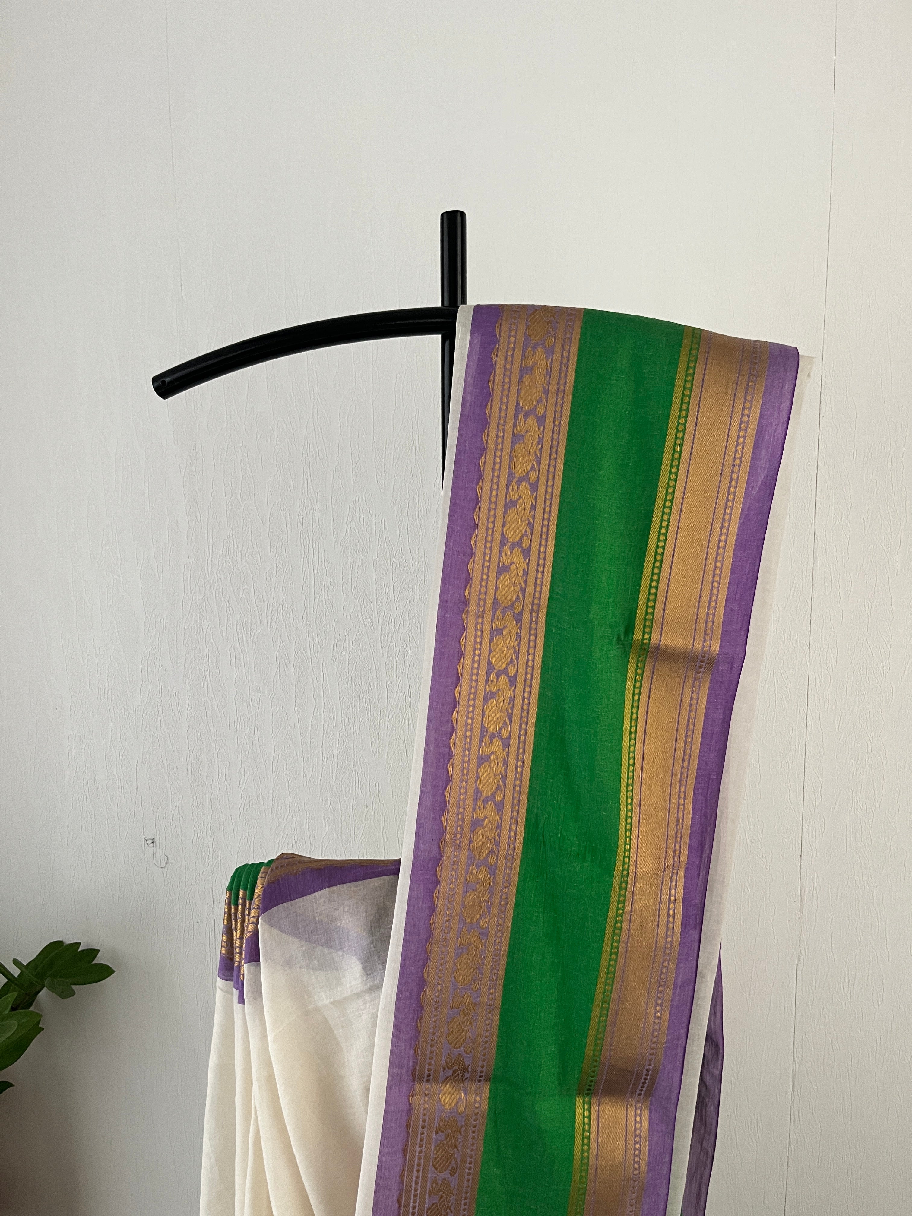 So-088 Parrot green and lavender Kanchi border mul cotton saree with off white body
