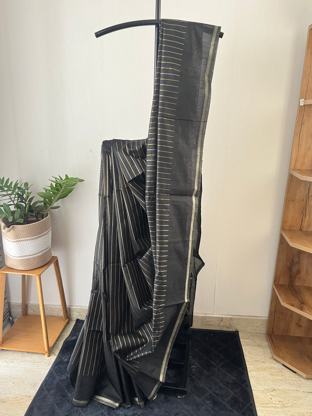 St-030 black with stripes semi tussar saree
