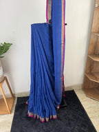 So-095 royal blue with pink selvedge pure linen saree