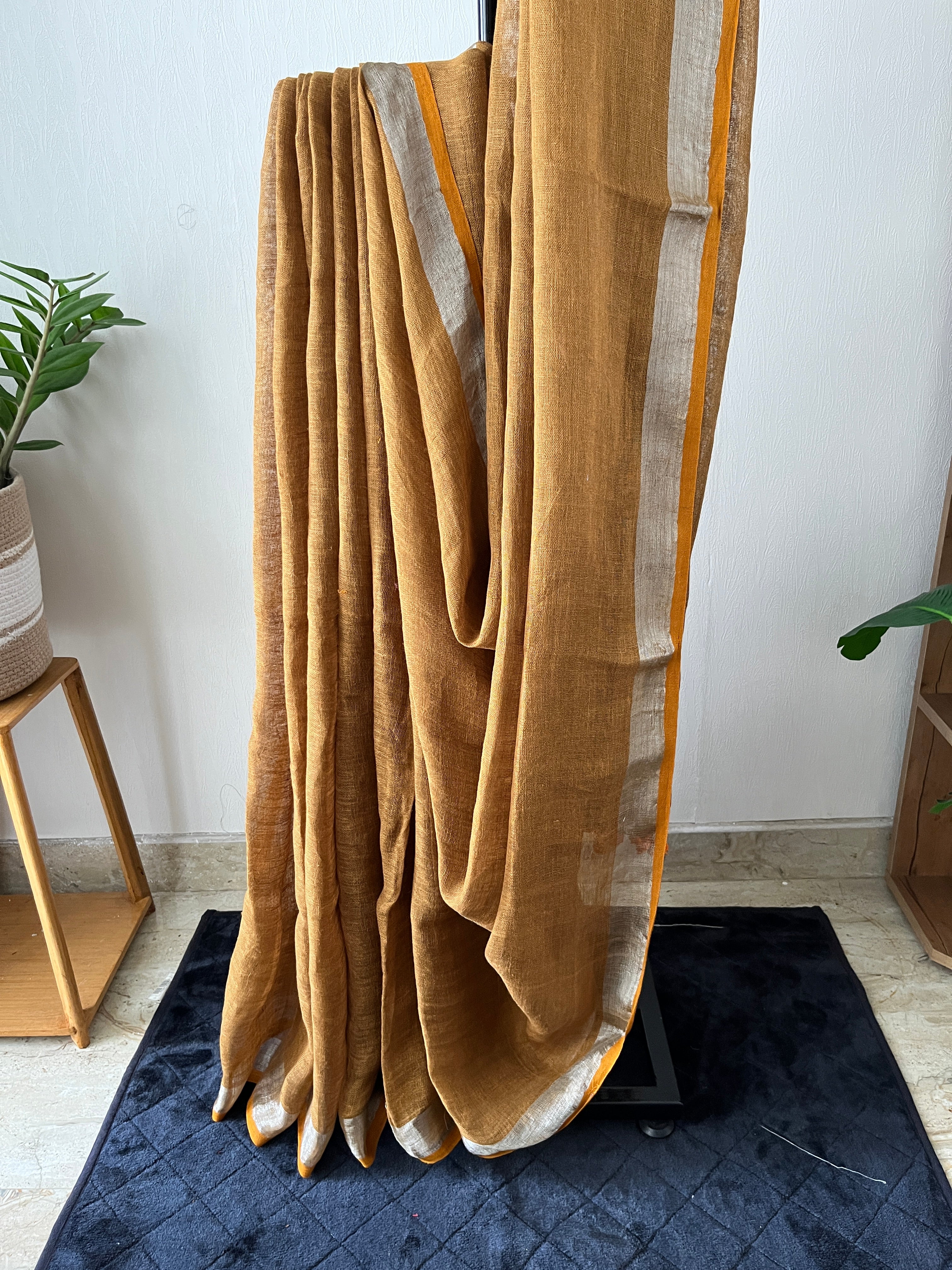 Sl-007 ochre yellow with mustard yellow and silver zari border pure linen saree