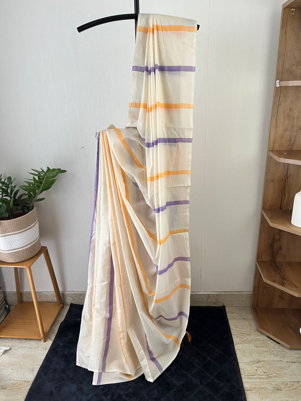 So-033 violet and mango yellow striped kerala saree