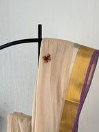 So-060 crochet embroidered beige body with golden zari and violet selvedge