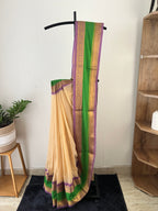So-073 parrot green and lavender kanchi border with beige body mul cotton saree