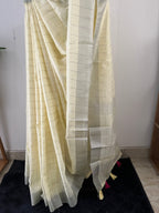 So-055 butter yellow and silver check semi linen saree