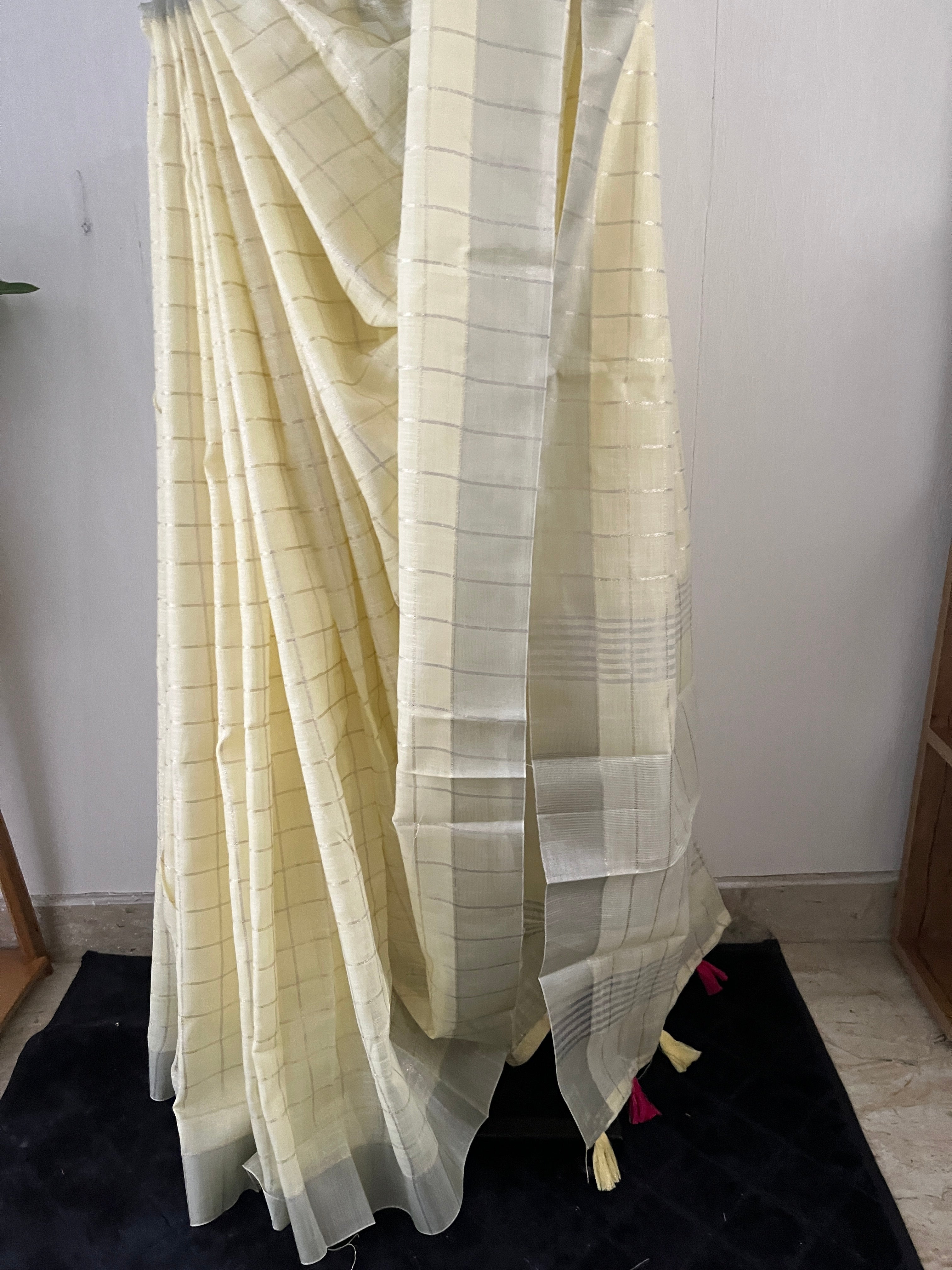 So-055 butter yellow and silver check semi linen saree