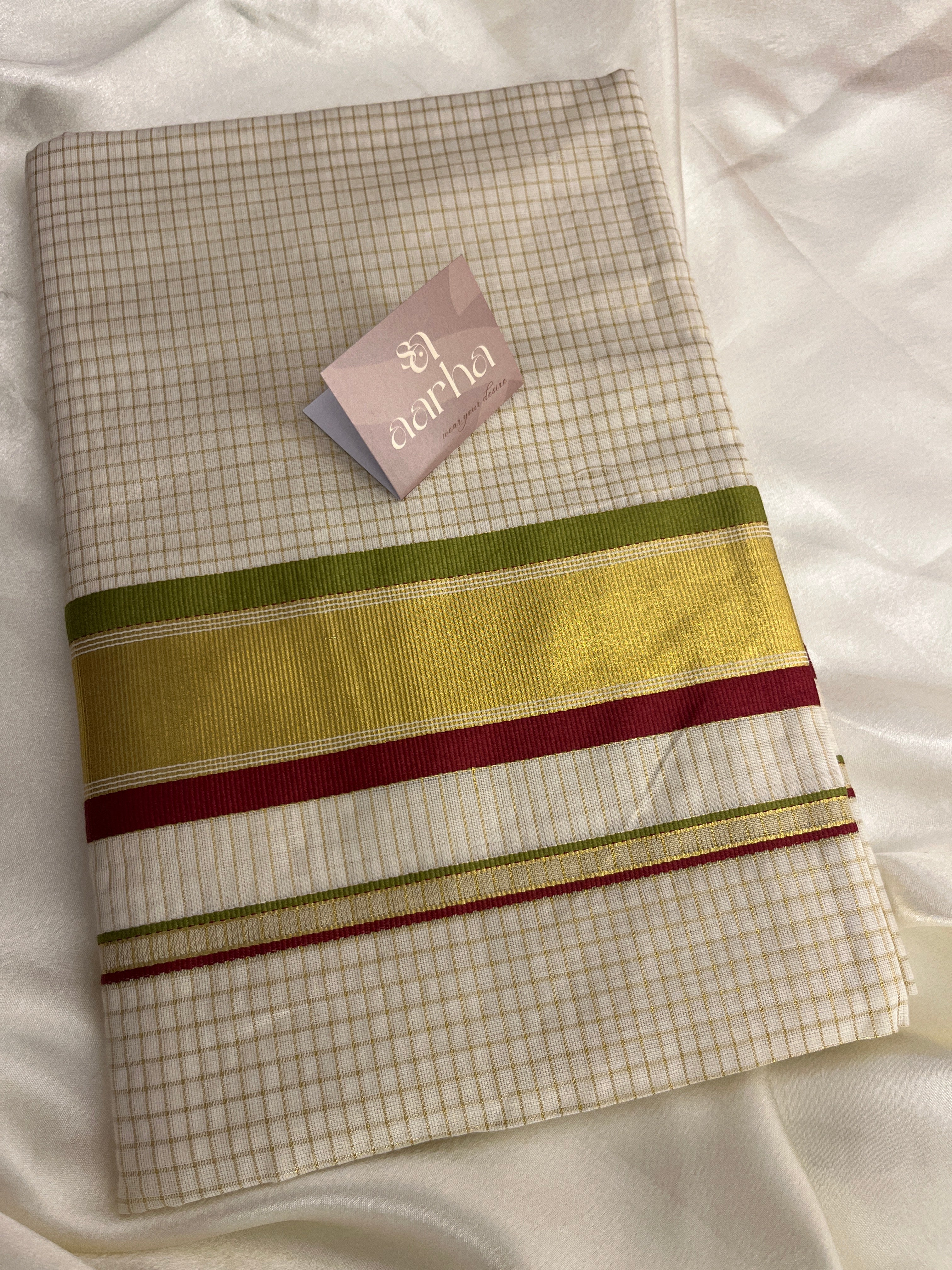 Kss-007Maroon with green check kasavu set saree