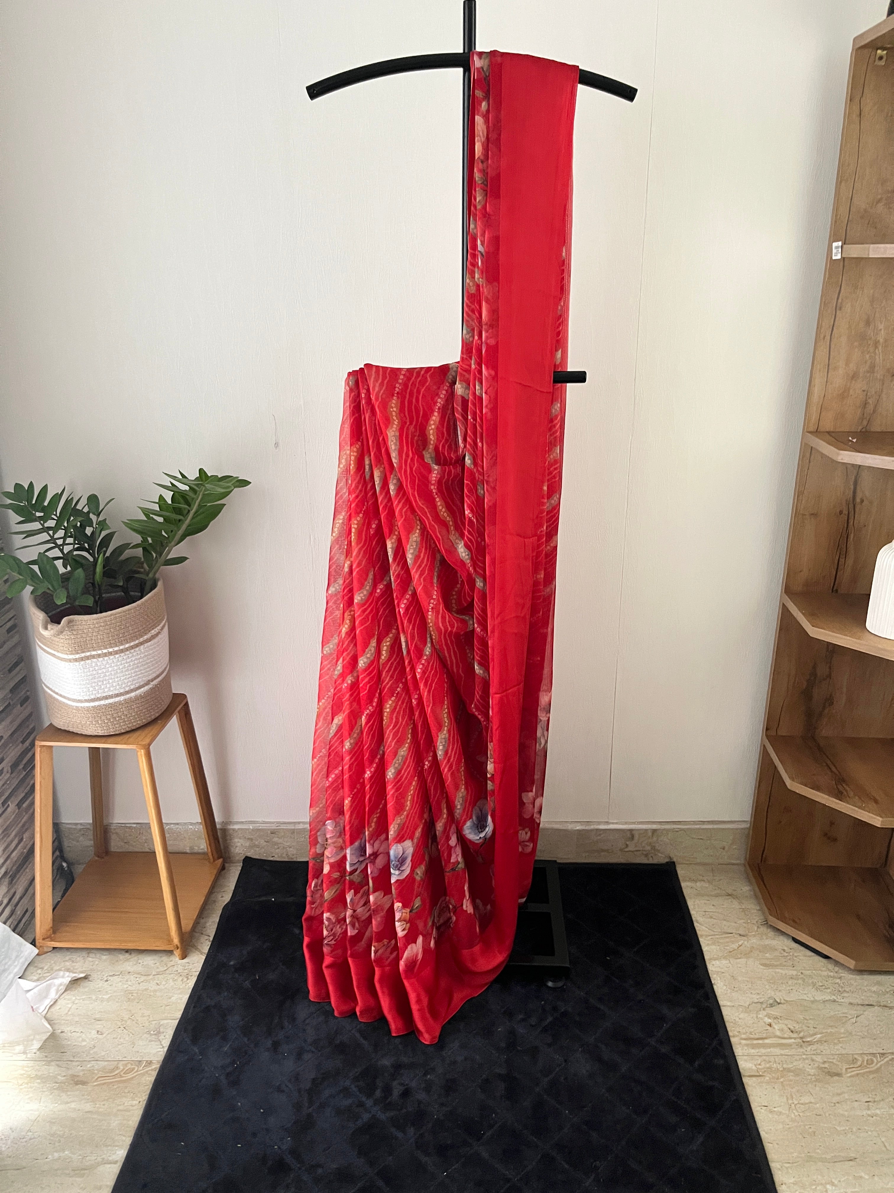 Sc-023 floral red chiffon saree