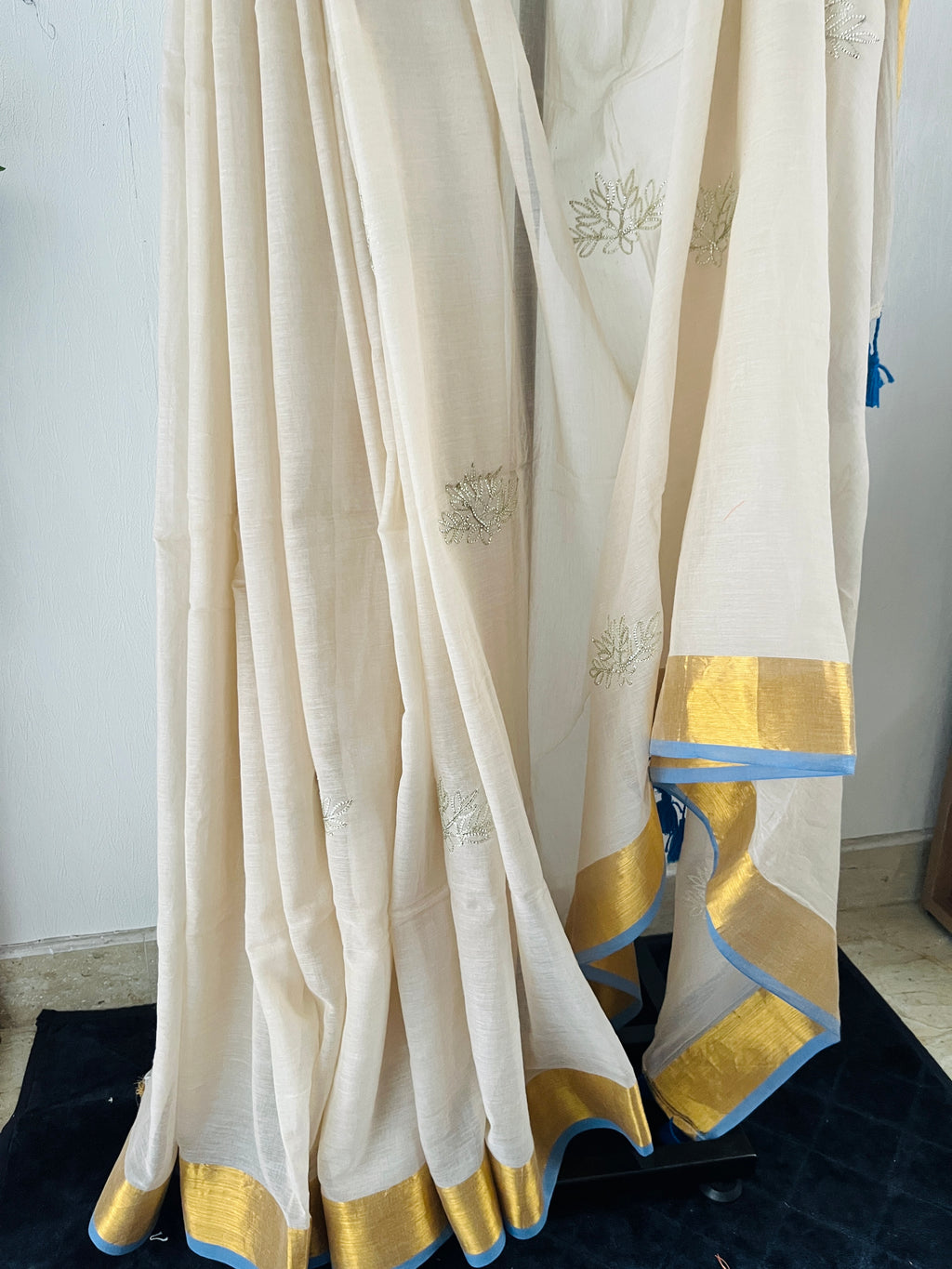 So-96 pitta work powder blue mul cotton saree