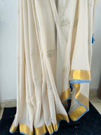 So-96 pitta work powder blue mul cotton saree