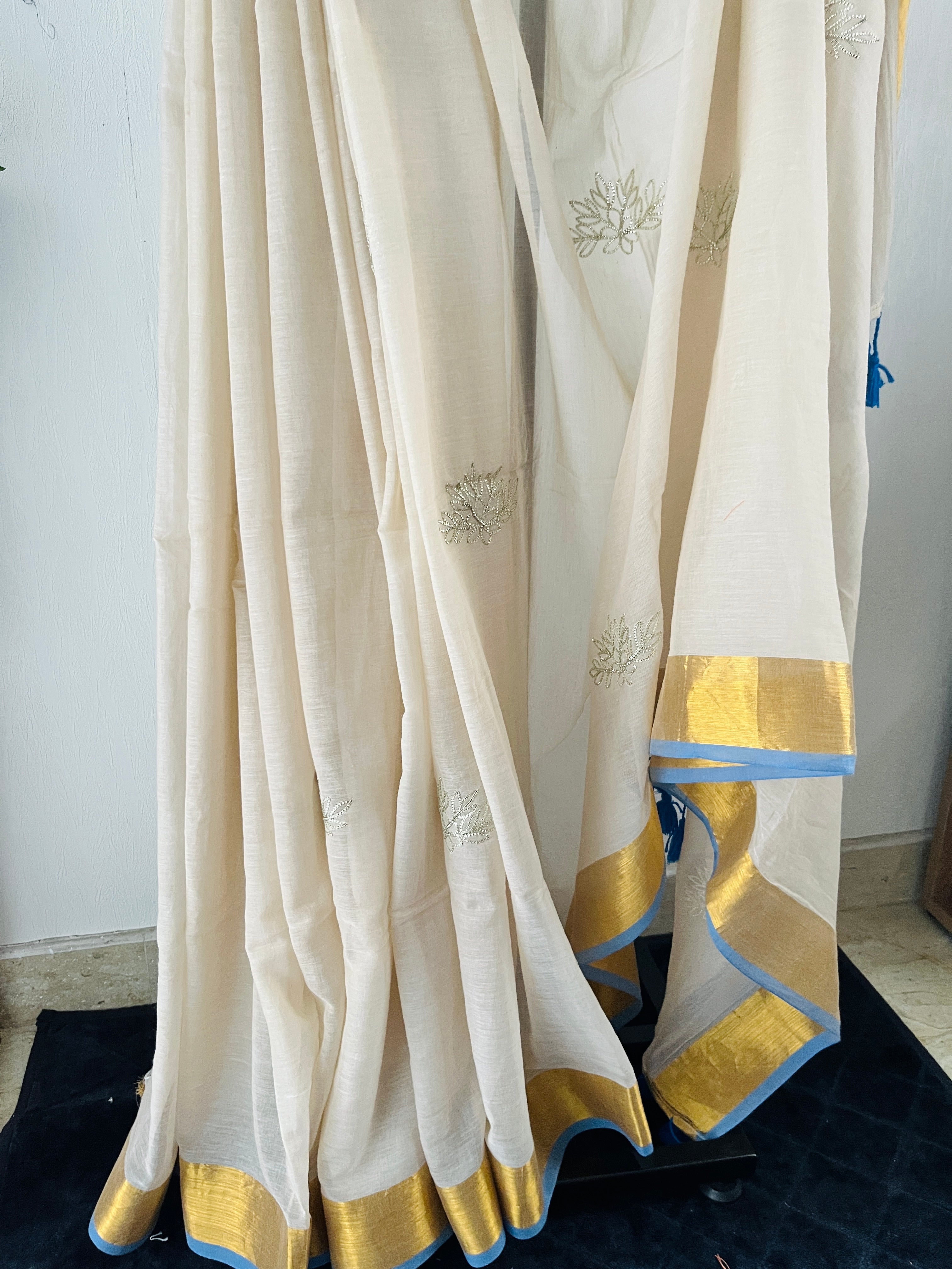 So-96 pitta work powder blue mul cotton saree