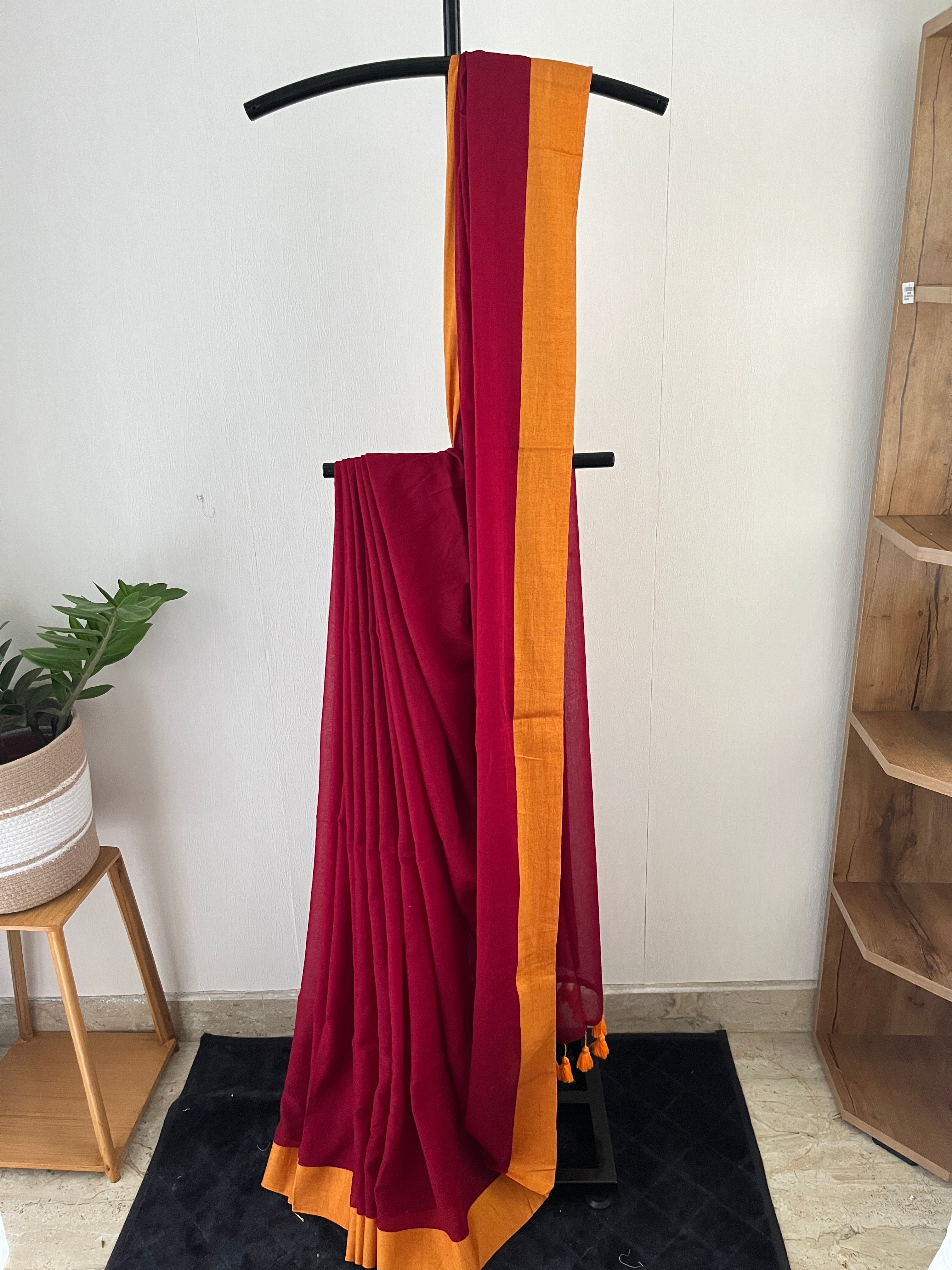 So-087 maroon with mustard mul cotton saree