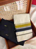 Ksm-001 black and olive green sett mundu with blouse piece