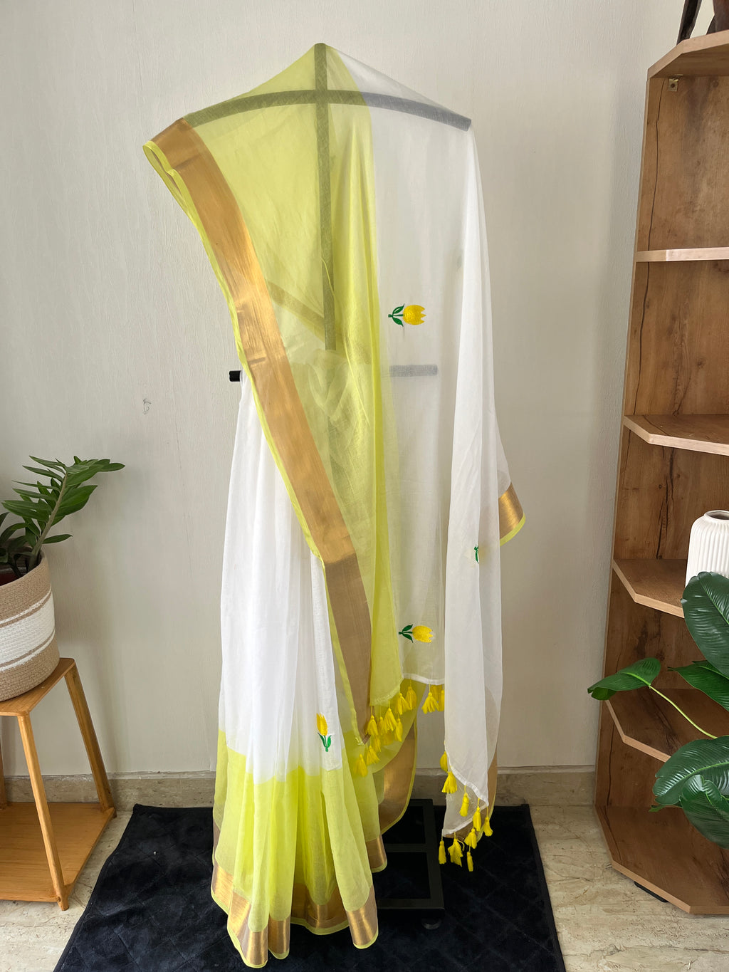 Sm-035 lemon yellow with embroidery mul cotton saree