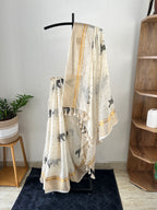 Sm-042 off white with polka and tiger print with zari border mul cotton saree