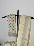 So-055 butter yellow and silver check semi linen saree