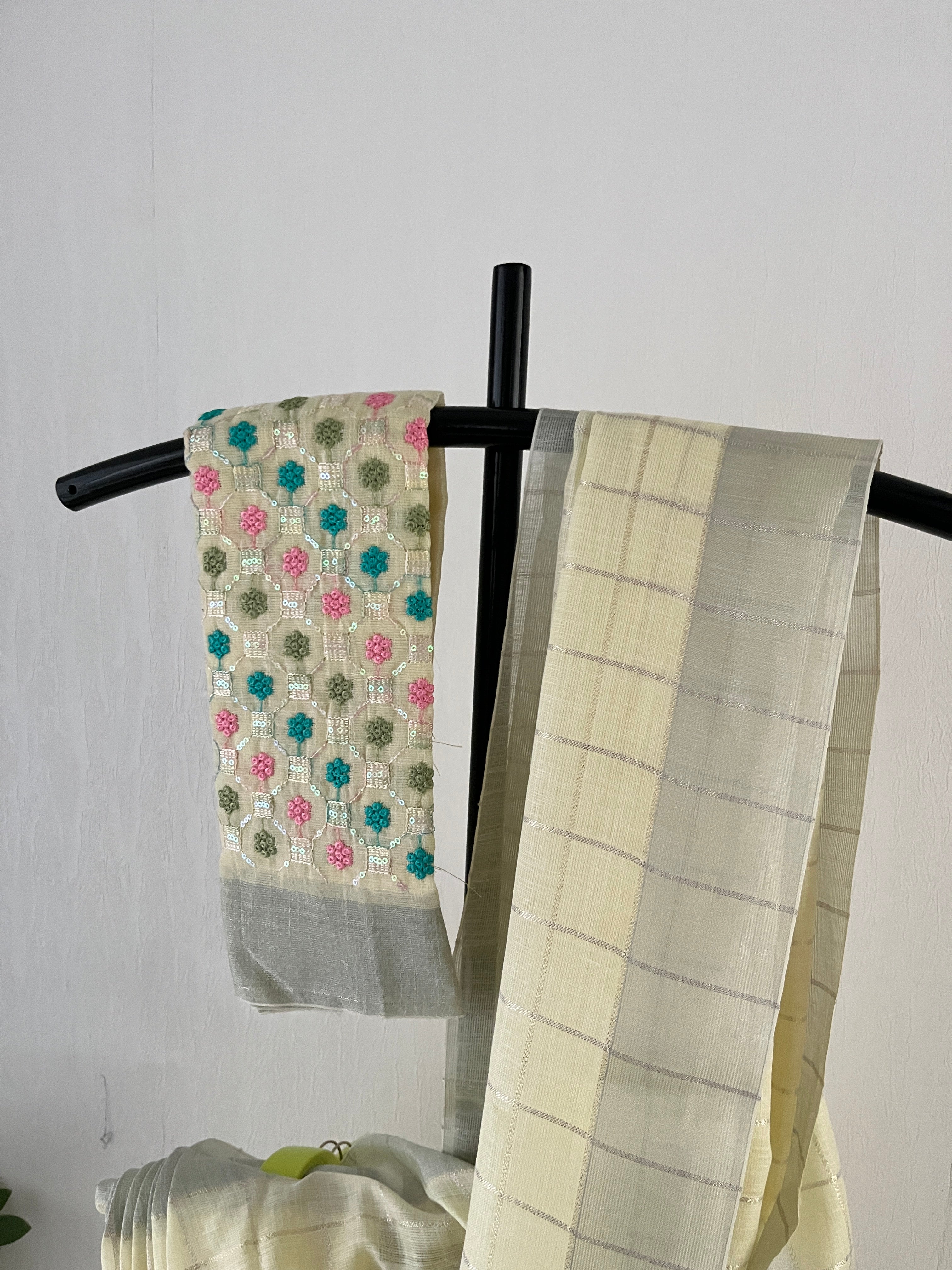 So-055 butter yellow and silver check semi linen saree