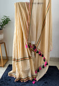 So-007 beige with olive green and light pink gap border mul cotton saree