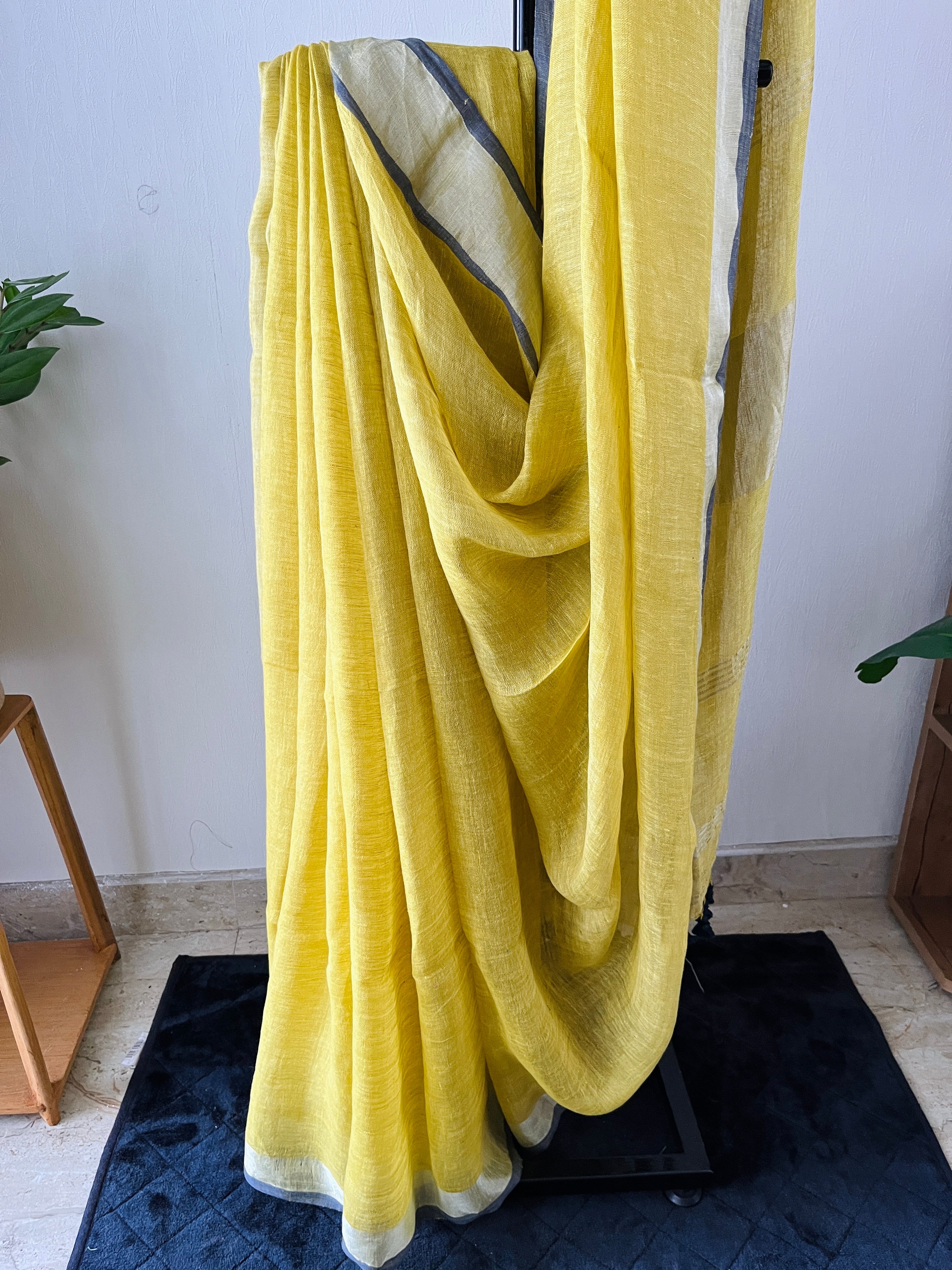 Sl-008 lemon yellow with poweder blue silver zari border pure linen saree
