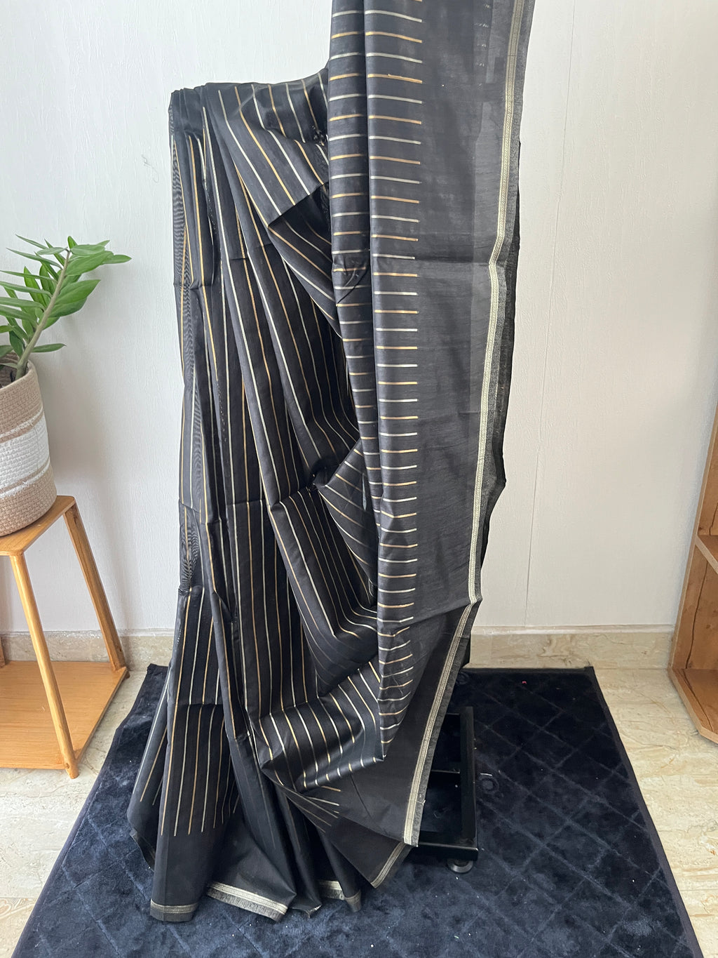 St-030 black with stripes semi tussar saree