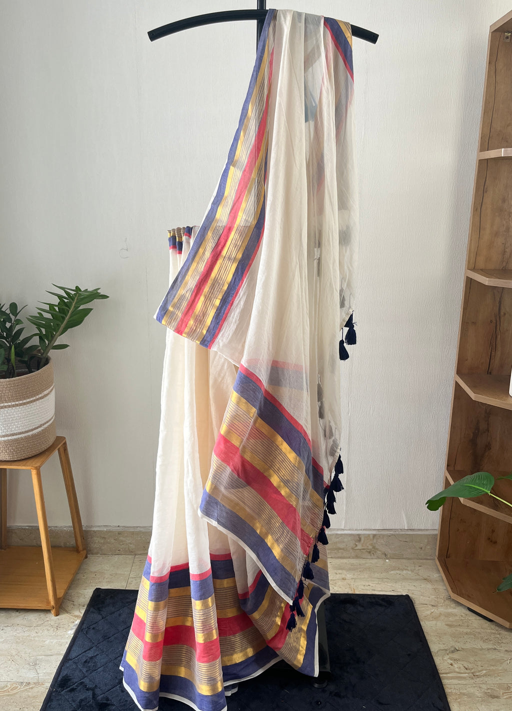 SO-009 powder blue and brick red kanchi border mul cotton saree