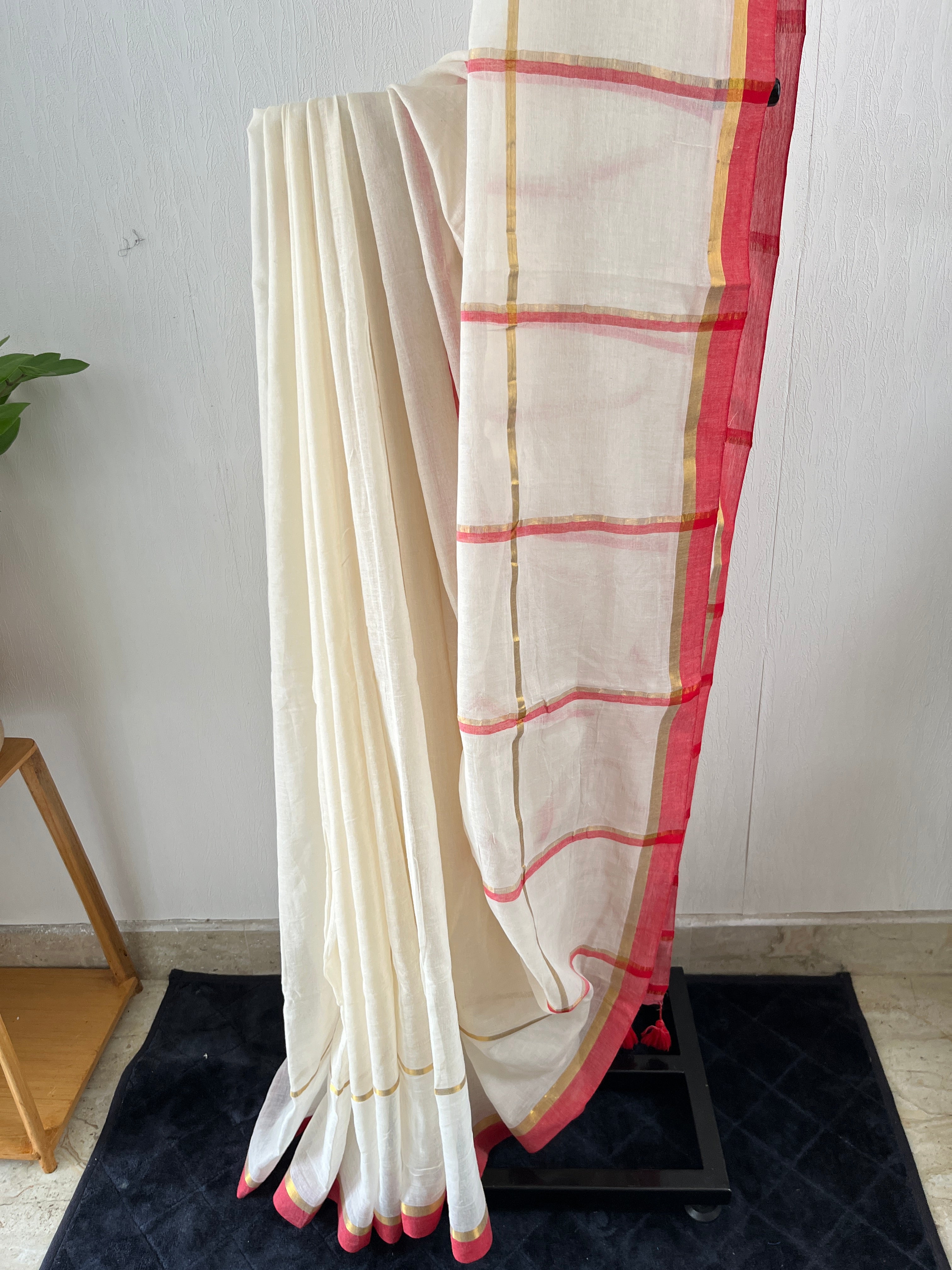 Sm-040 brick red half and half mul cotton saree