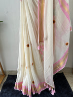 Sm-037 pink zari border with crochet embroidery mul cotton kerala saree