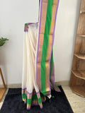 So-088 Parrot green and lavender Kanchi border mul cotton saree with off white body