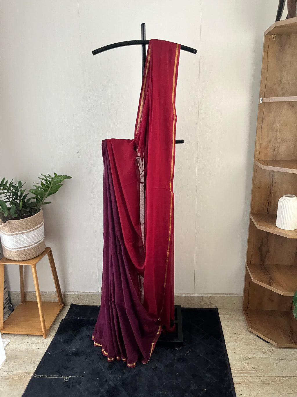 So-075 reddish maroon and purplish maroon half and half with thin golden zari