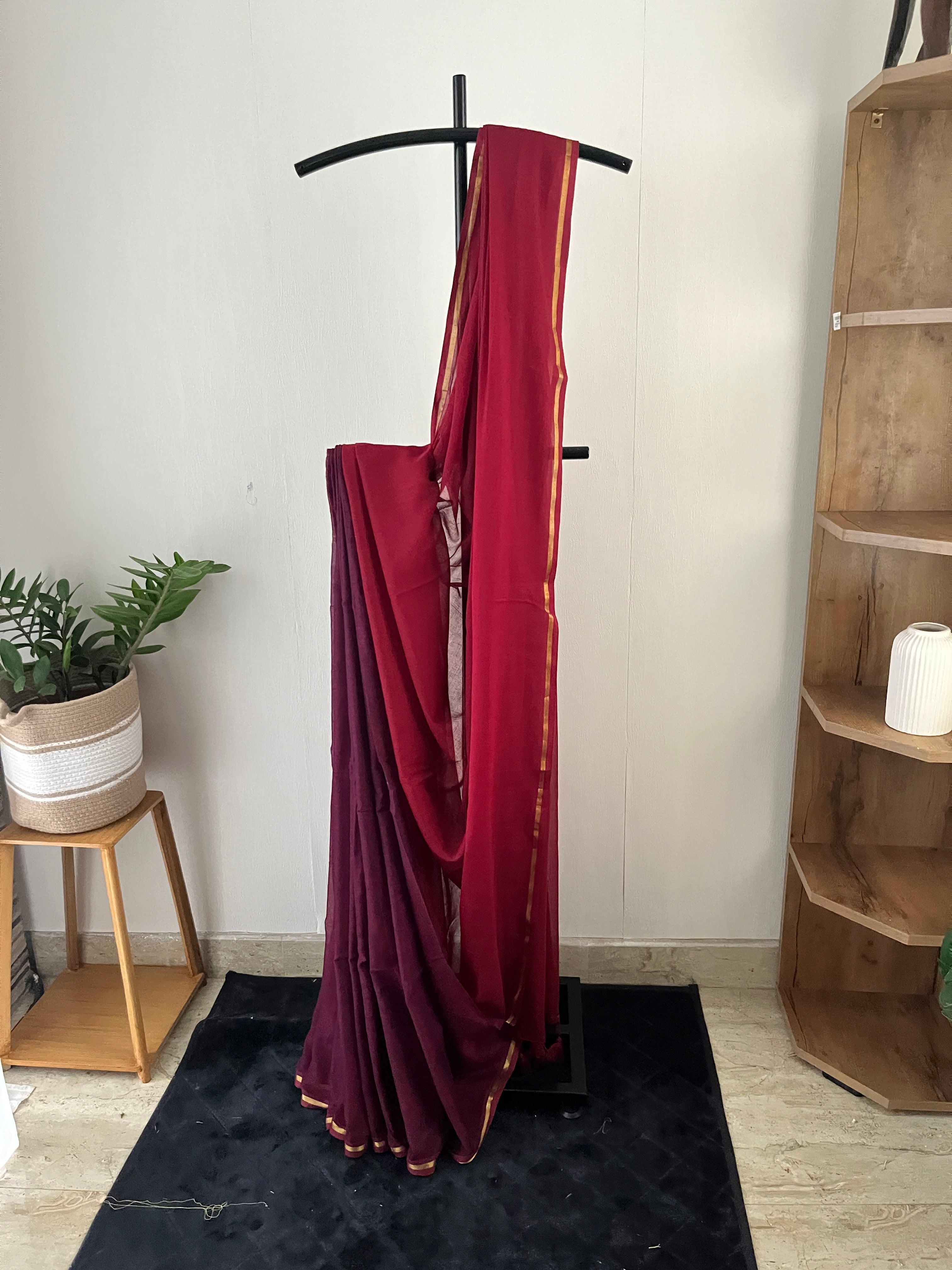 So-075 reddish maroon and purplish maroon half and half with thin golden zari