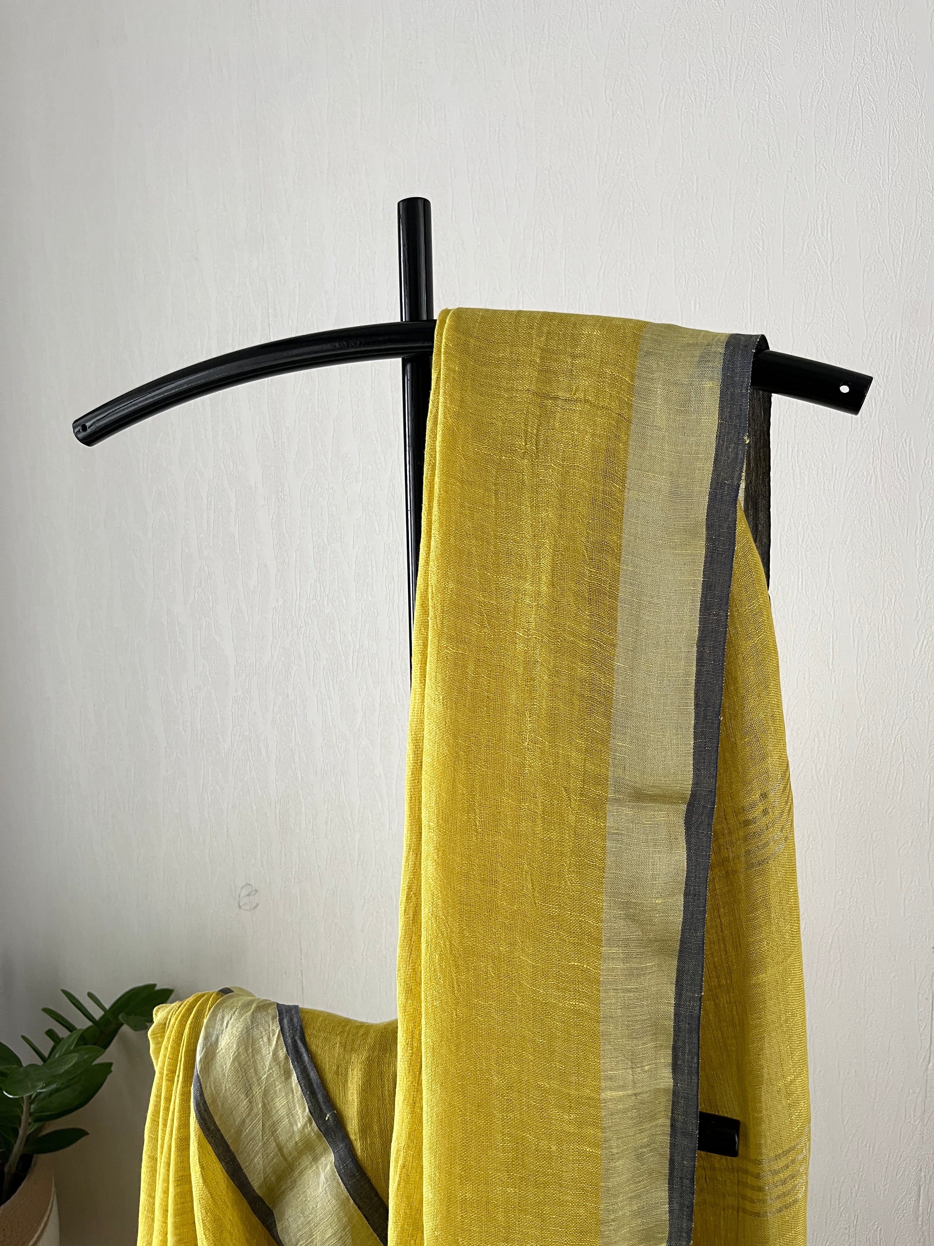 Sl-008 lemon yellow with poweder blue silver zari border pure linen saree