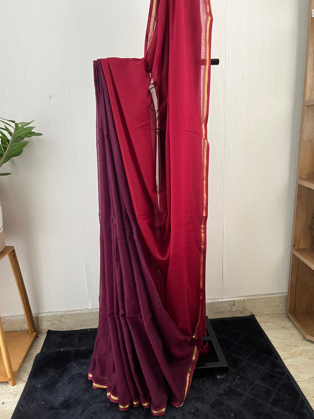 So-075 reddish maroon and purplish maroon half and half with thin golden zari