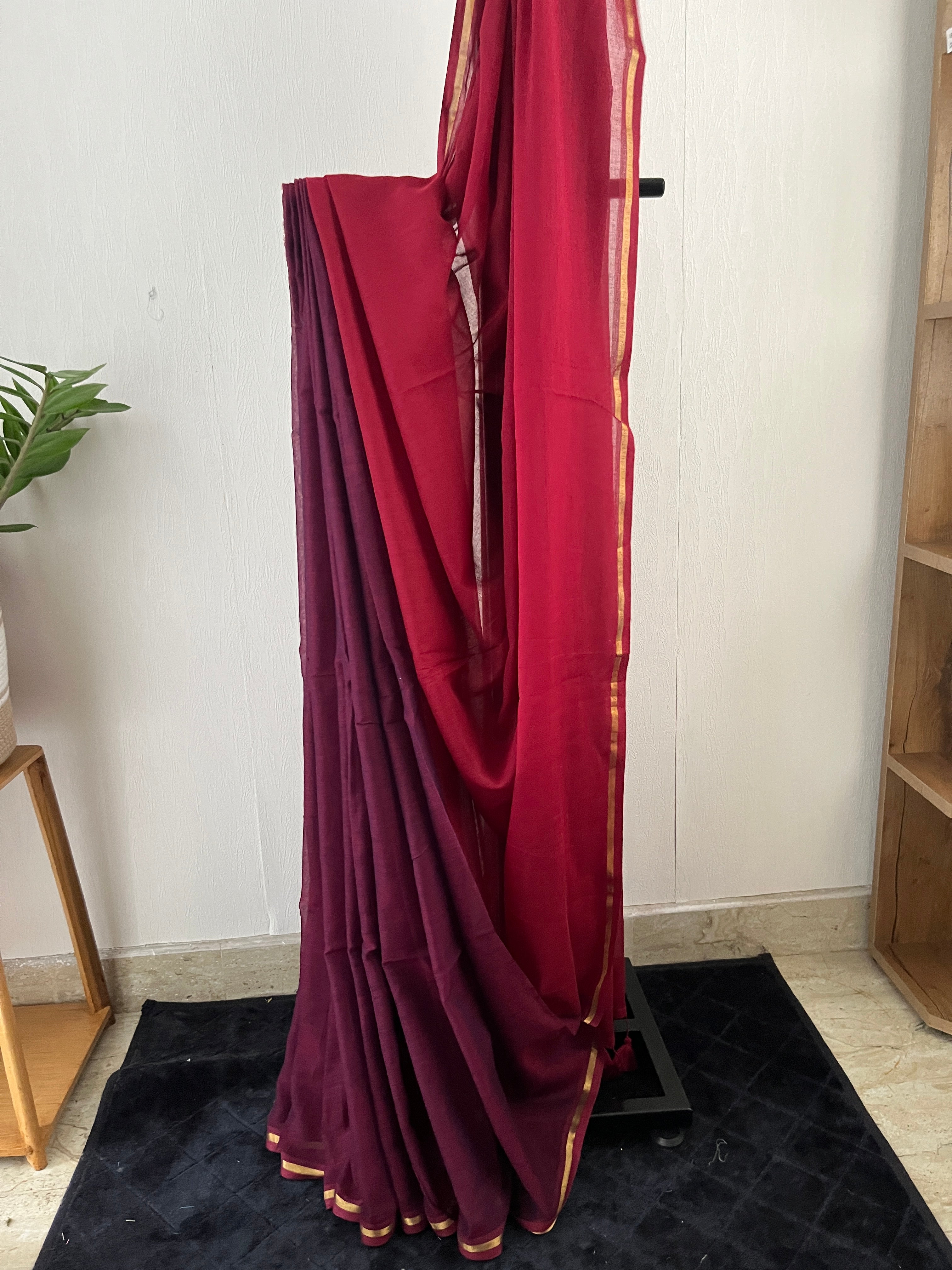 So-075 reddish maroon and purplish maroon half and half with thin golden zari