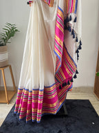 So-004 kerala style mul cotton saree with powder blue and pink kanchi border