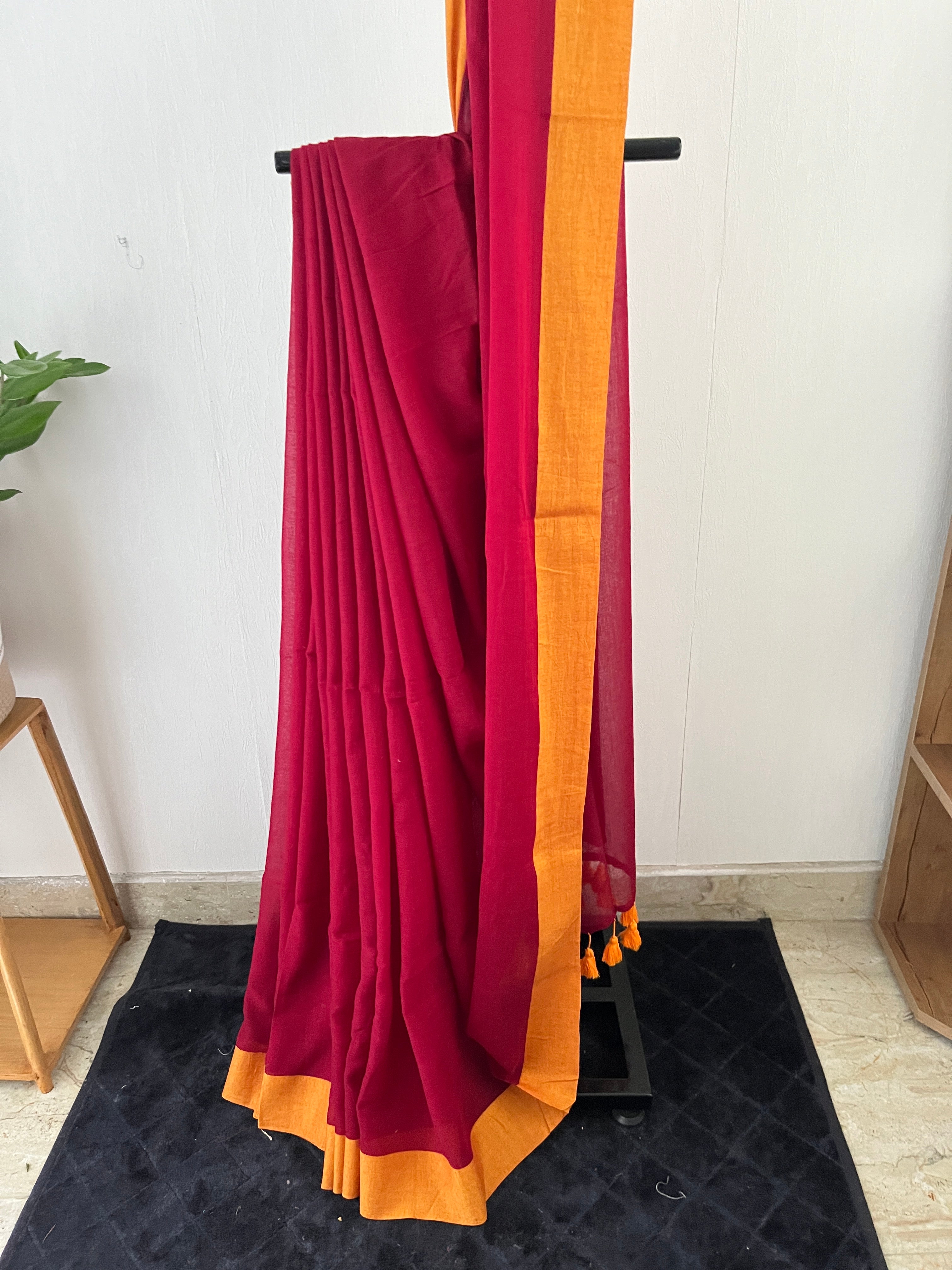 So-087 maroon with mustard mul cotton saree
