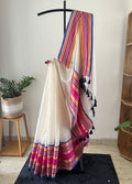 So-004 kerala style mul cotton saree with powder blue and pink kanchi border