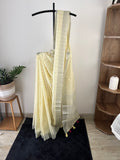 So-055 butter yellow and silver check semi linen saree