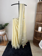 So-055 butter yellow and silver check semi linen saree