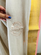 So-058 pearl grey silver embroidered body with golden zari and pink selvedge