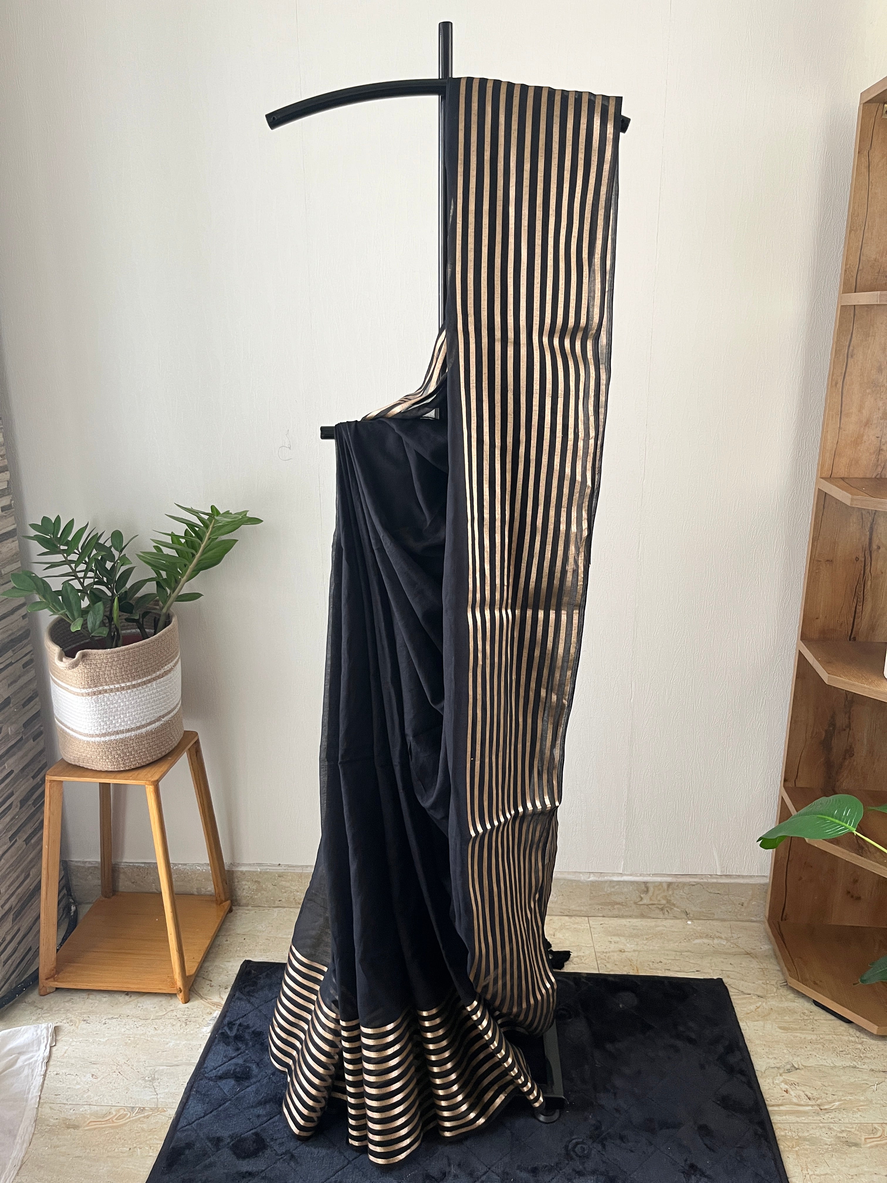 So-003 black with golden stripes border mul cotton