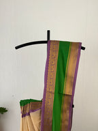 So-073 parrot green and lavender kanchi border with beige body mul cotton saree