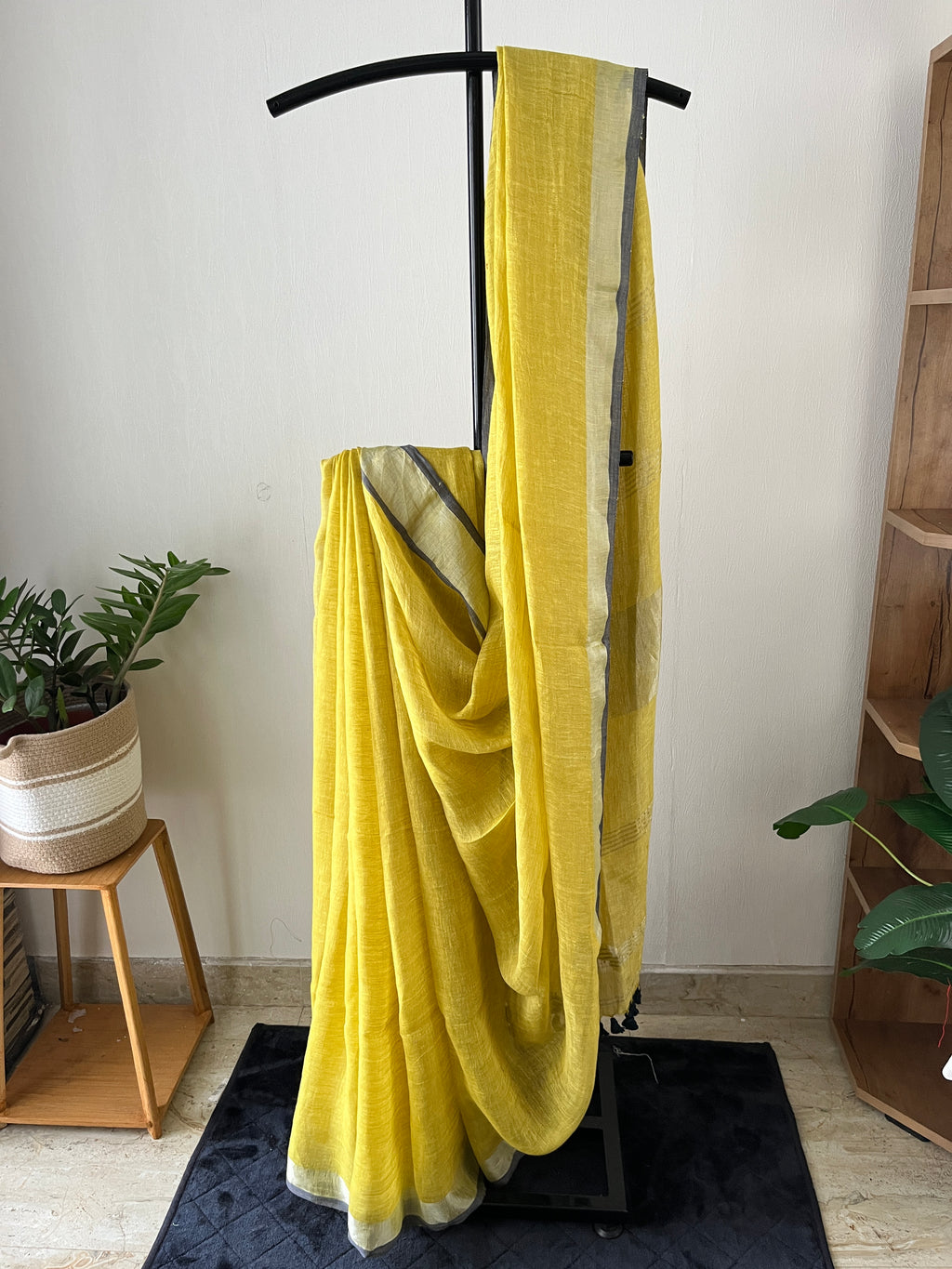 Sl-008 lemon yellow with poweder blue silver zari border pure linen saree