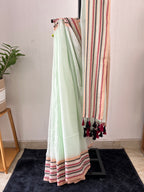 Sm-043 mint green with multi color striped border mul cotton saree