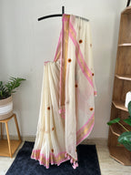 Sm-037 pink zari border with crochet embroidery mul cotton kerala saree