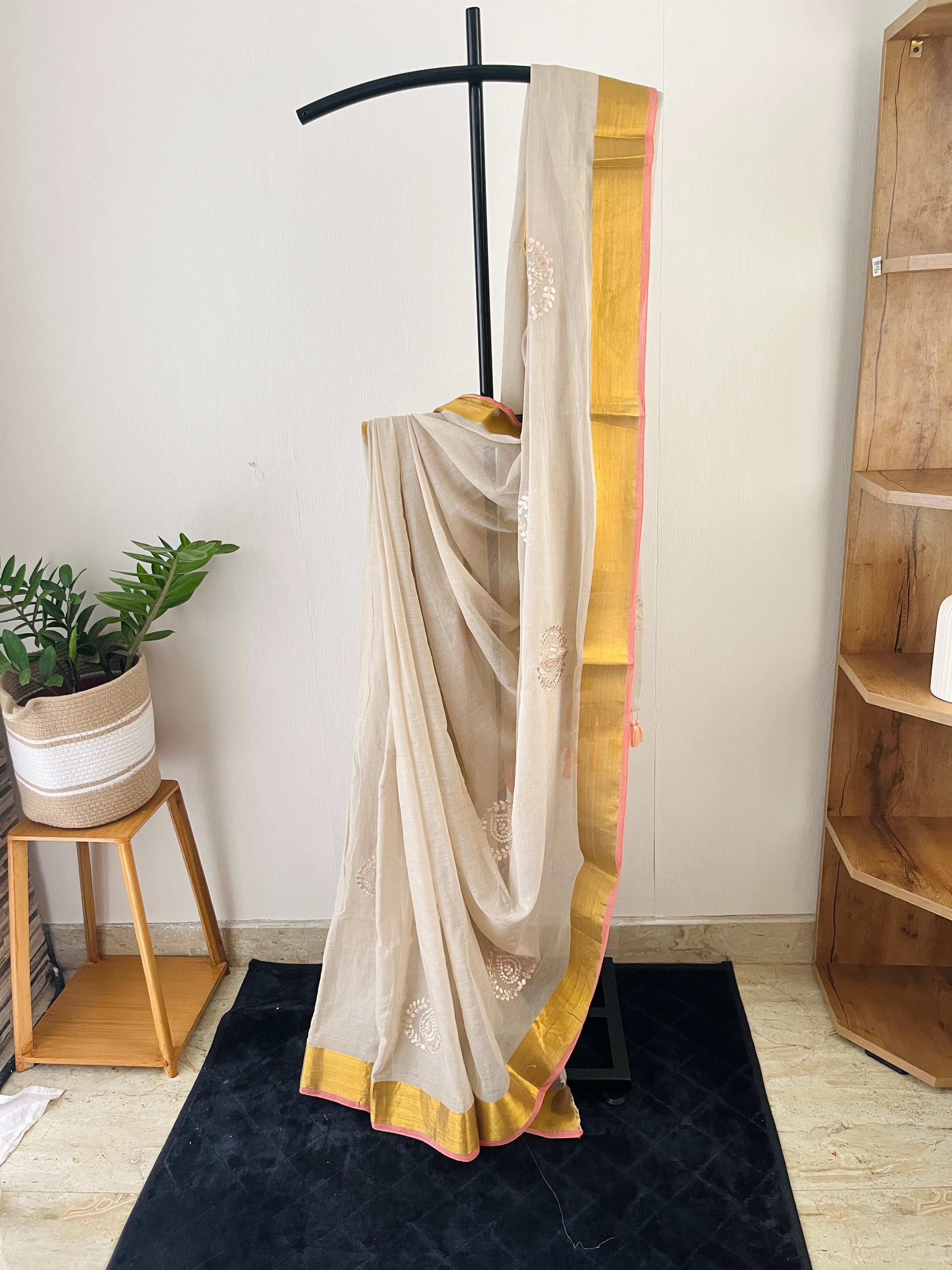 So-058 pearl grey silver embroidered body with golden zari and pink selvedge