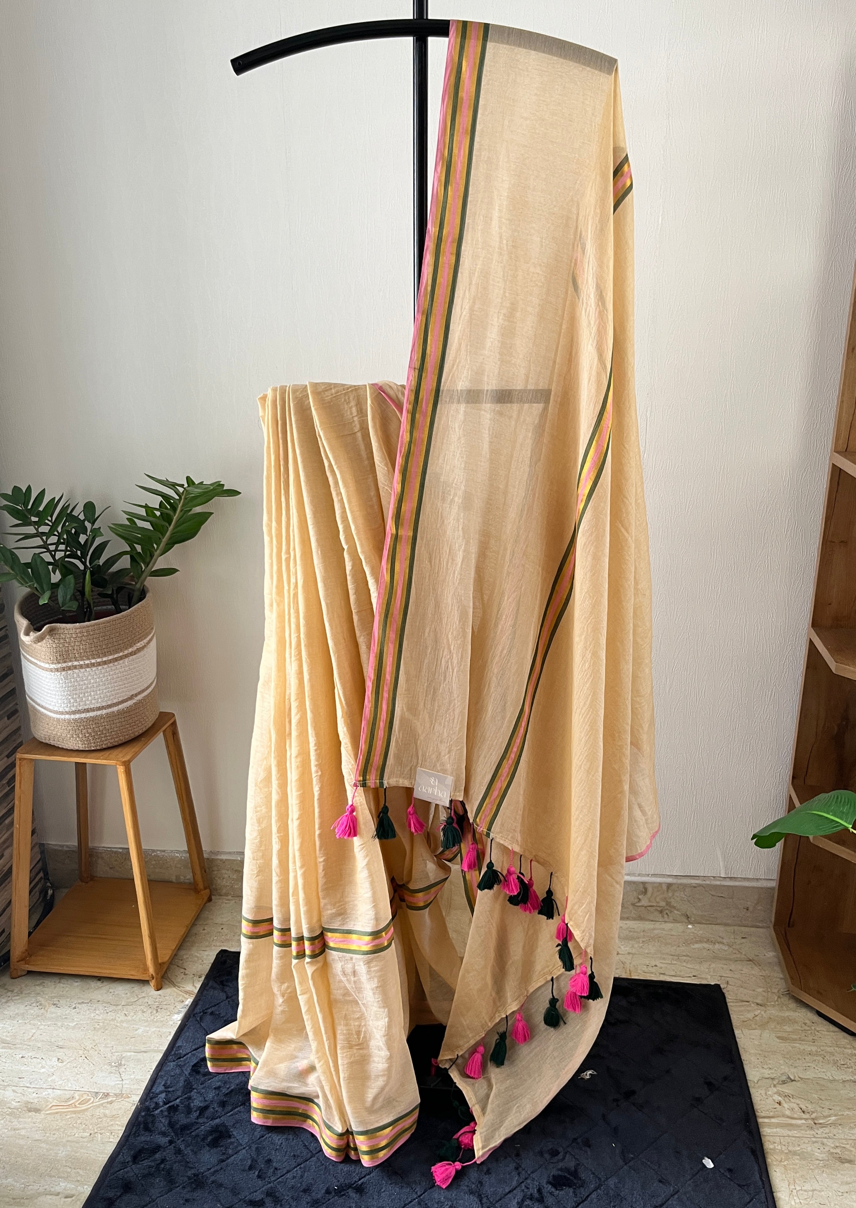 So-007 beige with olive green and light pink gap border mul cotton saree