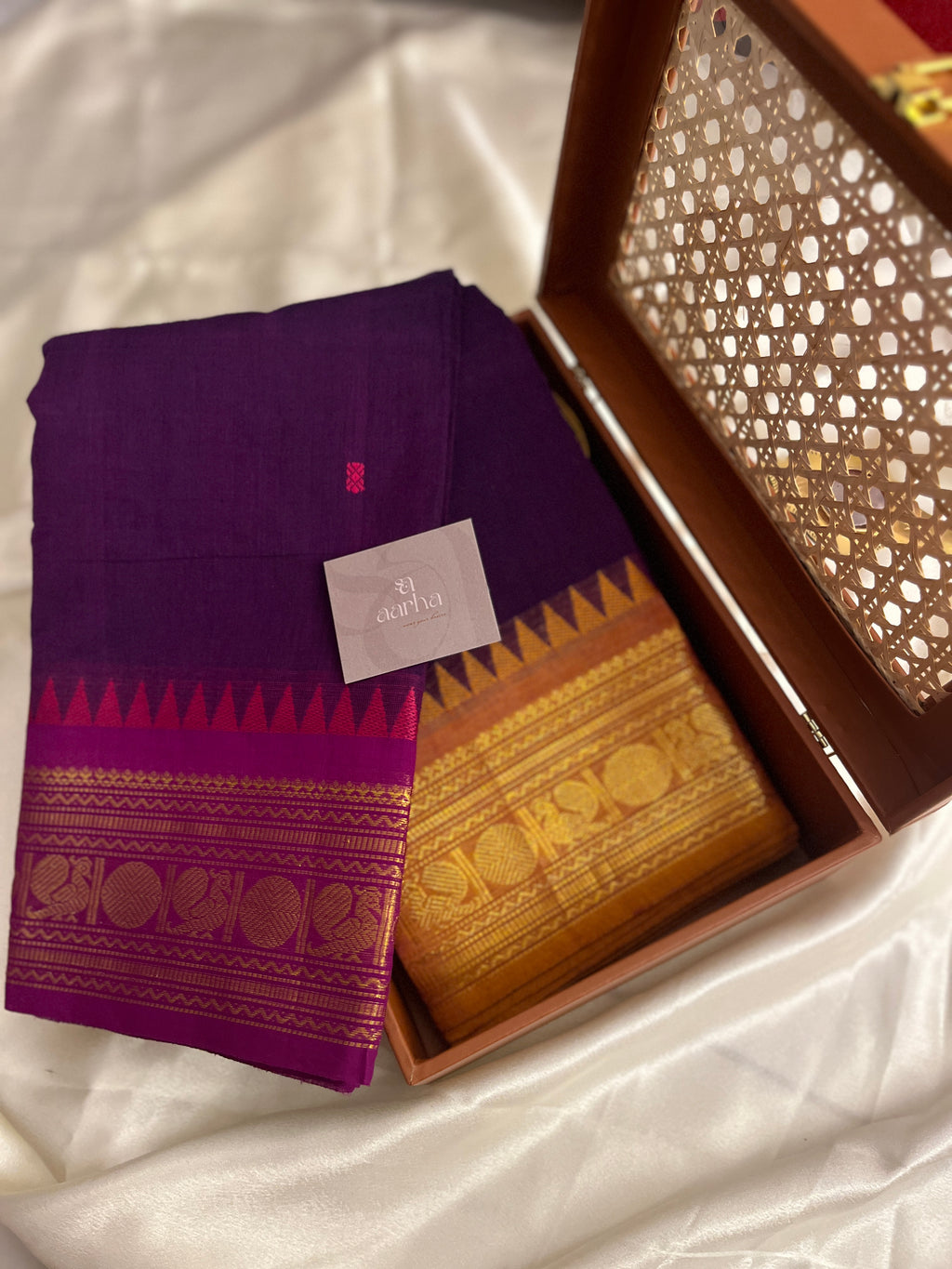 Snp-027 violet with vadamulla and mustard ganga jamuna border Kanchi cotton saree