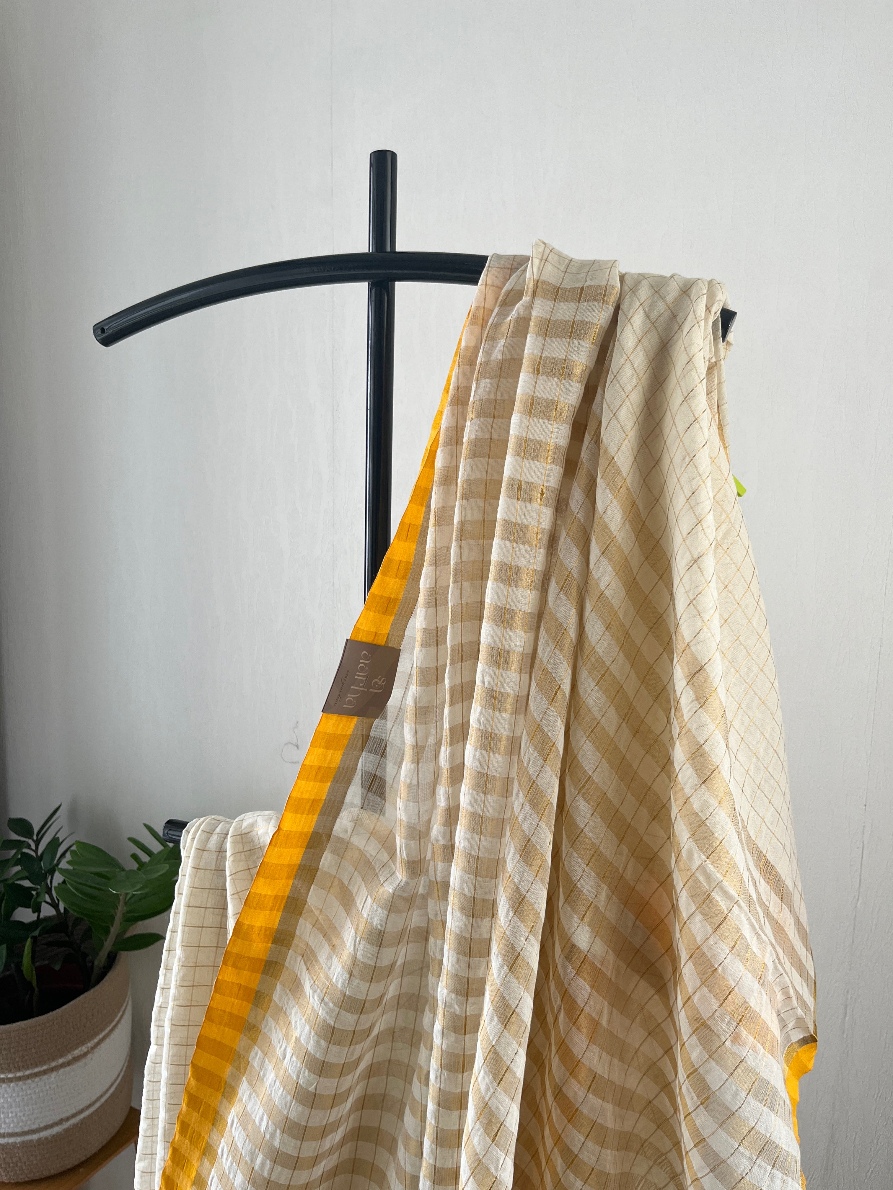 So-002 check saree with mango yellow border mul cotton saree