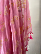 Sm-029 pink and yellow chikankari mul cotton saree