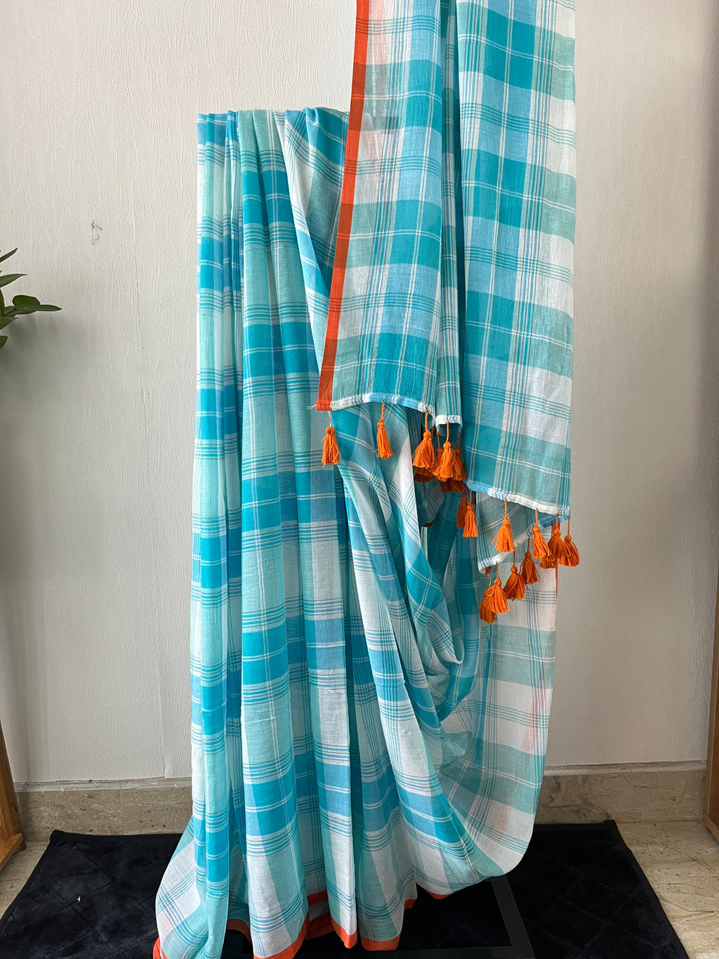 Sm-034 teal blue check with orange selvedge